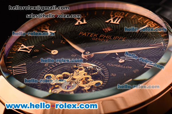 Patek Philippe Grand Complitcations Asia HT1035-Tourbillon Automatic Rose Gold Case with Black Leather Strap Roman Numeral Markers and Black Dial - Click Image to Close